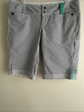 lululemon athletica Women's Navy and White Striped Shorts with Green Trim